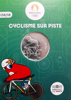 Srebrna moneta Igrzyska Olimpijskie Paryż 2024 maskotka - kolarstwo torowe, nominał 10 euro (produkt oficjalny)