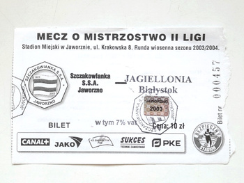 Bilet mecz Szczakowianka Jaworzno - Jagiellonia Białystok, II liga (29.5.2004)