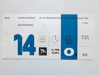 Bilet XII Zimowe Igrzyska Olimpijskie Innsbruck 1976. Hokej na lodzie, mecz Finlandia - Polska (14.2.1976, godz. 16.00)