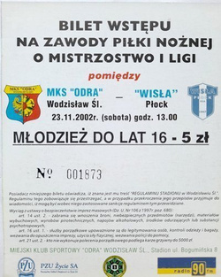 Bilet Odra Wodzisław Śląski - Wisła Płock I liga (23.11.2002)