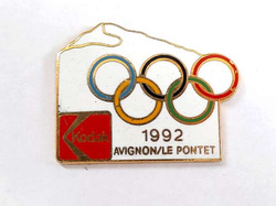 Odznaka Zimowe Igrzyska Olimpijskie 1992 sztafeta znicza Avignon/Le Pontet, sponsor Kodak (produkt oficjalny, sygnowana)