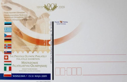 Karta pocztowa 90 lat Polskiego Komitetu Olimpijskiego. Wystawa Mistrzowie Filatelistyki Olimpijskiej