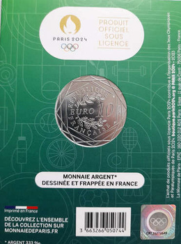 Srebrna moneta Igrzyska Olimpijskie Paryż 2024 maskotka - kolarstwo torowe, nominał 10 euro (produkt oficjalny)
