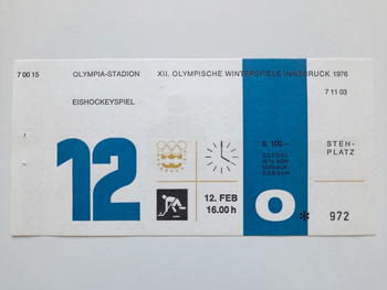 Bilet XII Zimowe Igrzyska Olimpijskie Innsbruck 1976. Hokej na lodzie, mecz Czechosłowacja - Niemcy (RFN) (12.2.1976, godz. 16.00)