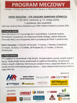 Program mecz Heiro Rzeszów - ETA Zagłębie Dąbrowa Górnicza, Polska Liga Futsalu (27.9.2015)