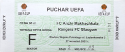 Bilet Anżi Machaczkała - Glasgow Rangers Puchar UEFA trybuna kryta (27.09.2001)