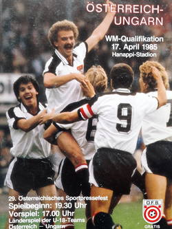 Program mecz Austria - Węgry, eliminacje Mistrzostw Świata (17.4.1985)
