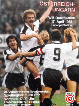 Program mecz Austria - Węgry, eliminacje Mistrzostw Świata (17.4.1985)