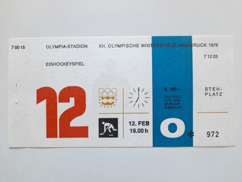 Bilet XII Zimowe Igrzyska Olimpijskie Innsbruck 1976. Hokej na lodzie, mecz ZSRR - Finlandia (12.2.1976, godz. 19.00)