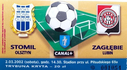 Bilet Stomil Olsztyn - Zagłębie Lubin I liga (02.03.2002)