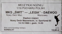 Bilet MKS Świt Nowy Dwór Mazowiecki - Legia Warszawa Puchar Polski (14.10.1998)