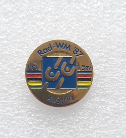 Odznaka Mistrzostwa Świata w Kolarstwie Szosowym Austria 1987, pozłacana (lakier, sygnowana)