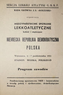Program Międzypaństwowe spotkanie lekkoatletyczne Polska - NRD (06-07.10.1951)