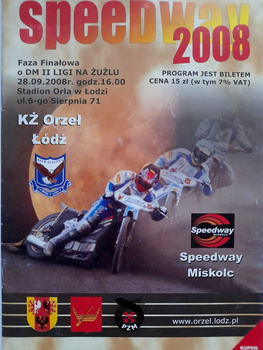 Program mecz żużlowy KŻ Orzeł Łódź - Speedway Miskolc, II liga (28.9.2008)