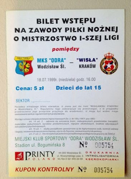 Bilet Odra Wodzisław Śląski - Wisła Kraków (18.07.1999) - Ekstraklasa