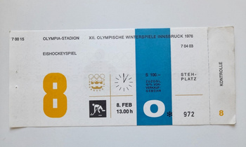 Bilet XII Zimowe Igrzyska Olimpijskie Innsbruck 1976. Hokej na lodzie, mecz ZSRR - Polska (8.2.1976, godz. 13.00)