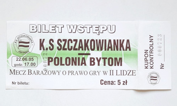 Bilet mecz Szczakowianka Jaworzno - Polonia Bytom, baraż o II ligę (22.6.2005)