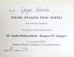 Bilet zaproszenie Loża dolna, Anżi Machaczkała - Glasgow Rangers Puchar UEFA (27.9.2001, Warszawa)