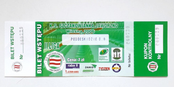 Bilet mecz Szczakowianka Jaworzno - Podbeskidzie Bielsko-Biała, II liga (10.5.2006) nominał 7 zł
