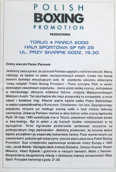 Program Gala Polish Boxing Promotion (Toruń, 4.3.2000)