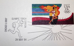 Karty pocztowe Sztafeta olimpijskiego znicza Igrzysk Los Angeles 1984 ze stemplami FDC (zestaw 7 kart)