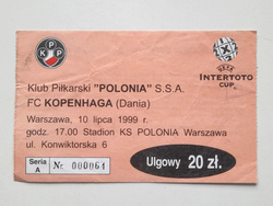 Bilet mecz Polonia Warszawa - FC Kopenhaga, Puchar Intertoto nominał 20 zł (10.7.1999)
