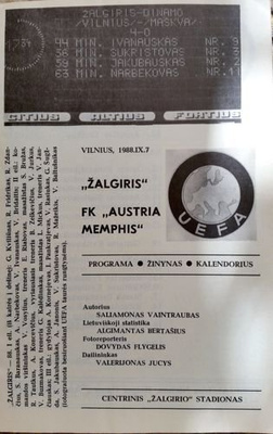 Program Żalgiris Wilno - Austria Wiedeń Puchar UEFA (07.09.1988)
