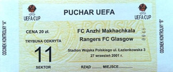 Bilet Anżi Machaczkała - FC Glasgow Rangers Puchar UEFA  trybuna odkryta (Warszawa 27.09.2001)