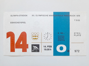 Bilet XII Zimowe Igrzyska Olimpijskie Innsbruck 1976. Hokej na lodzie, mecz ZSRR - Czechosłowacja (14.2.1976, godz. 19.00)