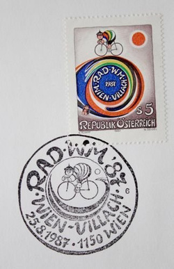 Koperta i znaczek Kolarskich Mistrzostw Świata 1987 (Villach) z oficjalnym stemplem FDC