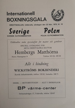 Program meczu bokserskiego Szwecja - Polska (23 lutego 1975)