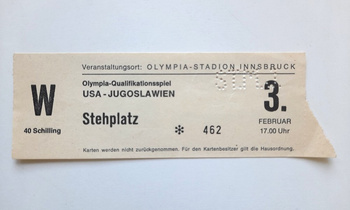 Bilet XII Zimowe Igrzyska Olimpijskie Innsbruck 1976. Hokej na lodzie, mecz USA - Jugosławia (3.2.1976)