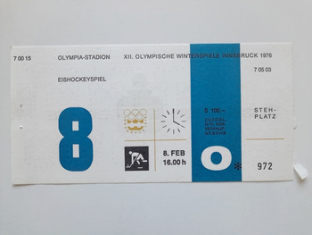 Bilet XII Zimowe Igrzyska Olimpijskie Innsbruck 1976. Hokej na lodzie, mecz Finlandia - Niemcy (RFN) (8.2.1976, godz. 16.00)