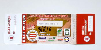 Bilet mecz Szczakowianka Jaworzno - Podbeskidzie Bielsko-Biała, II liga (10.5.2006) nominał 12 zł