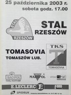 Program mecz Stal Rzeszów - Tomasovia Tomaszów Lub., III ligia (25.10.2003)