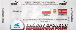 Bilet Mecz Polska - Norwegia eliminacje ME U-21 (31.08.2001)