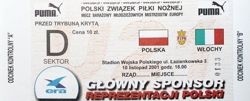 Bilet Mecz barażowy Polska - Włochy Mistrzostw Europy U-21 (10.11.2001) - nominał 10 zł sektor D