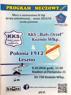 Program mecz KKS Biały Orzeł Koźmin Wlkp. - Polonia 1912 Leszno, IV liga (9.10.2016)