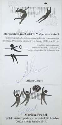 3 Kartki z oryginalnymi autografami siatkarzy Mariusz Prudel, Alison Cerutti, Margaret Kozuch