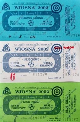 Bilet Ruch Chorzów - Wisła Kraków I liga (13.04.2002) zestaw 